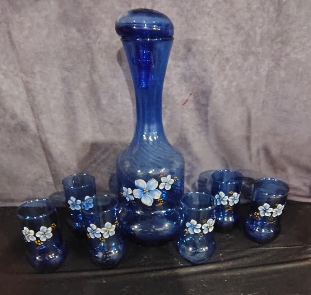 Vintage 7pcs Liquor Decanter Set Blue with Painted and glazed Flowers Pansies